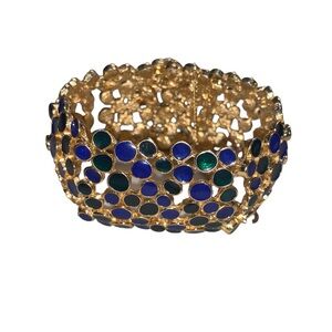 Vintage bracelet, gold with blue and green enamel decoration. 8”x1.5”